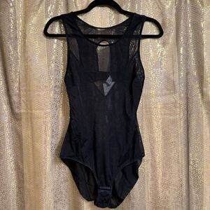 Samantha Chang Jet Set Sheer Black Mesh Bodysuit Large NWT